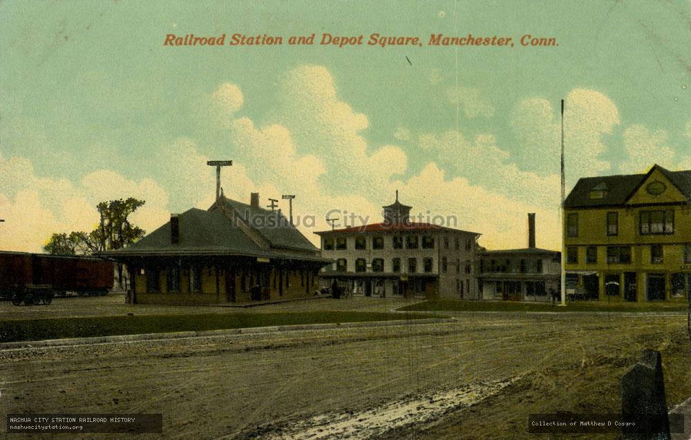 Postcard: Railroad Station and Depot Square, Manchester, Connecticut